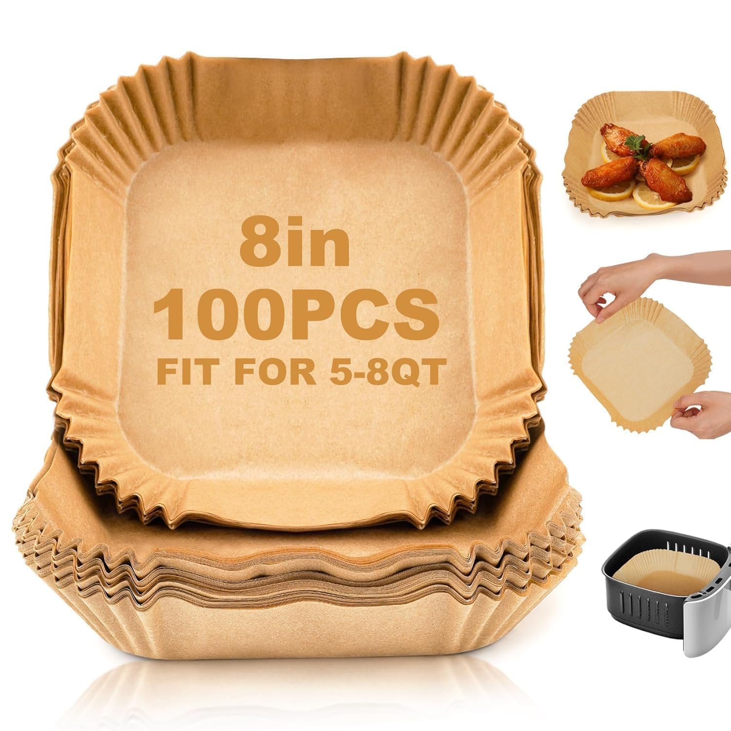 Air Fryer Paper Liners (100 PCS, 8-Inch Square) - Image 5